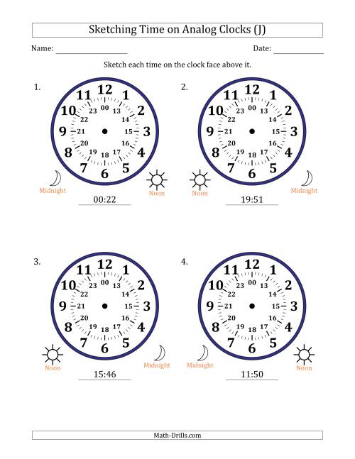 The Sketching 24 Hour Time on Analog Clocks in 1 Minute Intervals (4 Large Clocks) (J) Math Worksheet