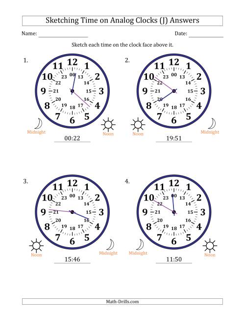 The Sketching 24 Hour Time on Analog Clocks in 1 Minute Intervals (4 Large Clocks) (J) Math Worksheet Page 2