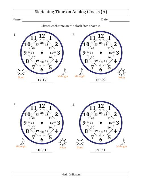 The Sketching 24 Hour Time on Analog Clocks in 1 Minute Intervals (4 Large Clocks) (All) Math Worksheet