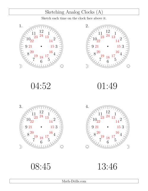 The Sketching Time on 24 Hour Analog Clocks in 1 Minute Intervals (Large Clocks) (Old) Math Worksheet