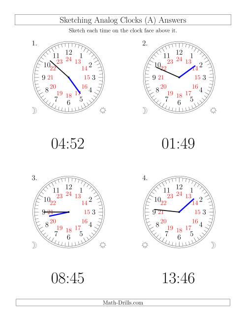 The Sketching Time on 24 Hour Analog Clocks in 1 Minute Intervals (Large Clocks) (Old) Math Worksheet Page 2