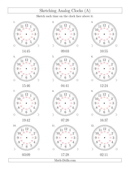 The Sketching Time on 24 Hour Analog Clocks in 1 Minute Intervals (Old) Math Worksheet