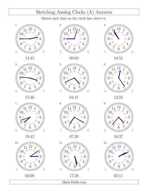 The Sketching Time on 24 Hour Analog Clocks in 1 Minute Intervals (Old) Math Worksheet Page 2