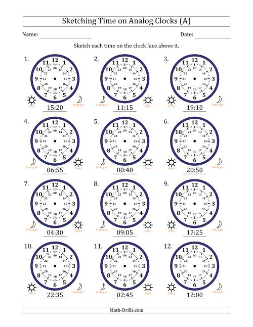 The Sketching 24 Hour Time on Analog Clocks in 5 Minute Intervals (12 Clocks) (A) Math Worksheet