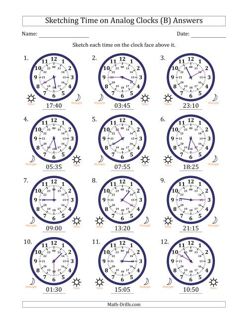 The Sketching 24 Hour Time on Analog Clocks in 5 Minute Intervals (12 Clocks) (B) Math Worksheet Page 2