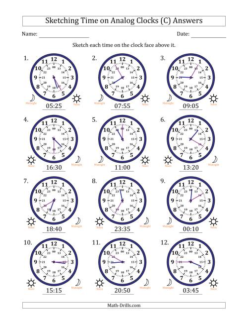 The Sketching 24 Hour Time on Analog Clocks in 5 Minute Intervals (12 Clocks) (C) Math Worksheet Page 2