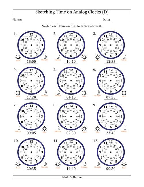 The Sketching 24 Hour Time on Analog Clocks in 5 Minute Intervals (12 Clocks) (D) Math Worksheet
