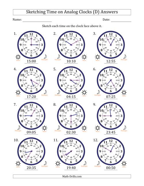 The Sketching 24 Hour Time on Analog Clocks in 5 Minute Intervals (12 Clocks) (D) Math Worksheet Page 2
