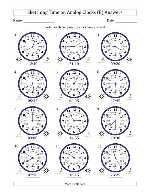 The Sketching 24 Hour Time on Analog Clocks in 5 Minute Intervals (12 Clocks) (E) Math Worksheet Page 2