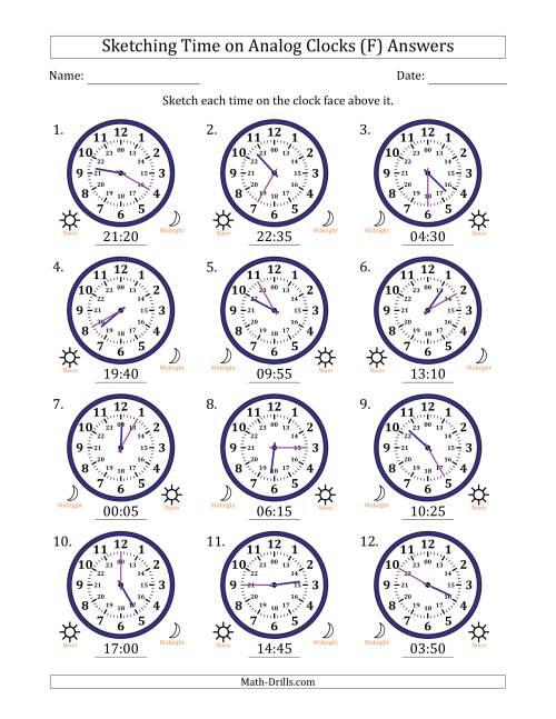 The Sketching 24 Hour Time on Analog Clocks in 5 Minute Intervals (12 Clocks) (F) Math Worksheet Page 2