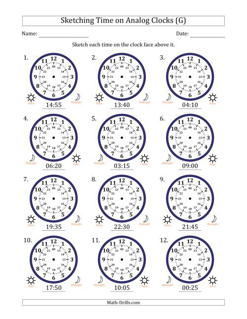 The Sketching 24 Hour Time on Analog Clocks in 5 Minute Intervals (12 Clocks) (G) Math Worksheet