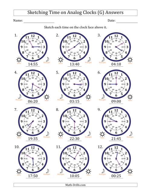 The Sketching 24 Hour Time on Analog Clocks in 5 Minute Intervals (12 Clocks) (G) Math Worksheet Page 2