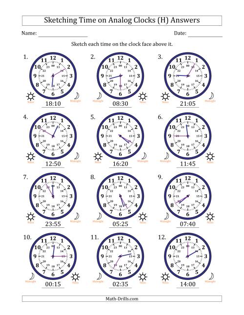 The Sketching 24 Hour Time on Analog Clocks in 5 Minute Intervals (12 Clocks) (H) Math Worksheet Page 2