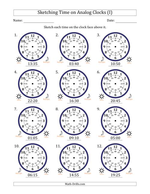 The Sketching 24 Hour Time on Analog Clocks in 5 Minute Intervals (12 Clocks) (I) Math Worksheet
