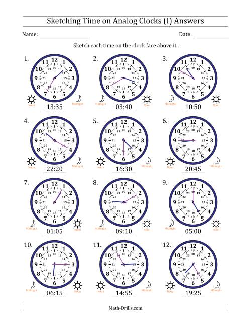 The Sketching 24 Hour Time on Analog Clocks in 5 Minute Intervals (12 Clocks) (I) Math Worksheet Page 2