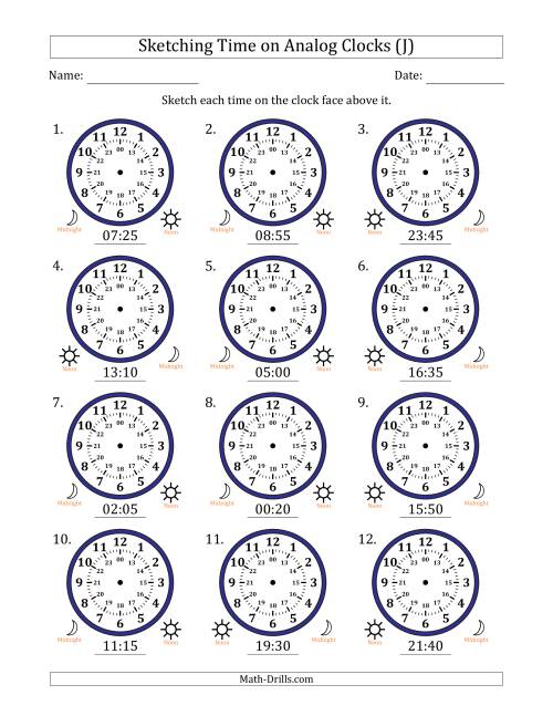 The Sketching 24 Hour Time on Analog Clocks in 5 Minute Intervals (12 Clocks) (J) Math Worksheet