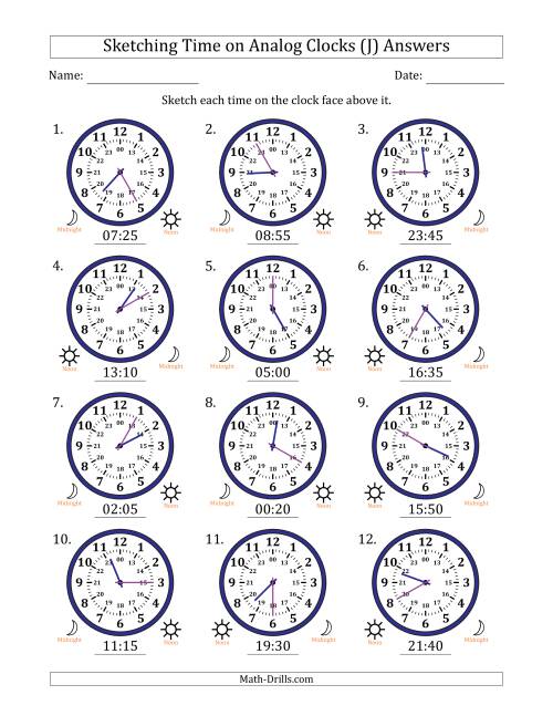 The Sketching 24 Hour Time on Analog Clocks in 5 Minute Intervals (12 Clocks) (J) Math Worksheet Page 2