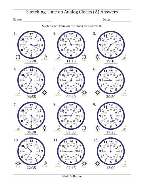 The Sketching 24 Hour Time on Analog Clocks in 5 Minute Intervals (12 Clocks) (All) Math Worksheet Page 2