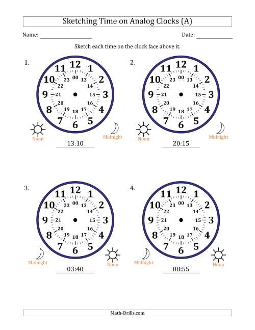 The Sketching 24 Hour Time on Analog Clocks in 5 Minute Intervals (4 Large Clocks) (A) Math Worksheet