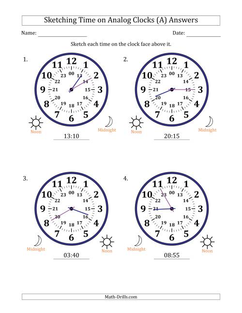 The Sketching 24 Hour Time on Analog Clocks in 5 Minute Intervals (4 Large Clocks) (A) Math Worksheet Page 2