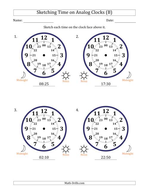 The Sketching 24 Hour Time on Analog Clocks in 5 Minute Intervals (4 Large Clocks) (B) Math Worksheet
