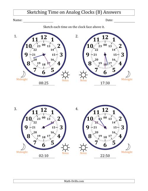 The Sketching 24 Hour Time on Analog Clocks in 5 Minute Intervals (4 Large Clocks) (B) Math Worksheet Page 2