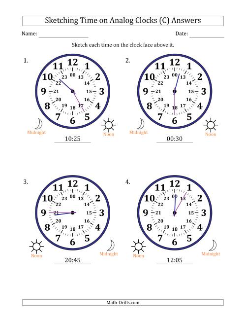The Sketching 24 Hour Time on Analog Clocks in 5 Minute Intervals (4 Large Clocks) (C) Math Worksheet Page 2