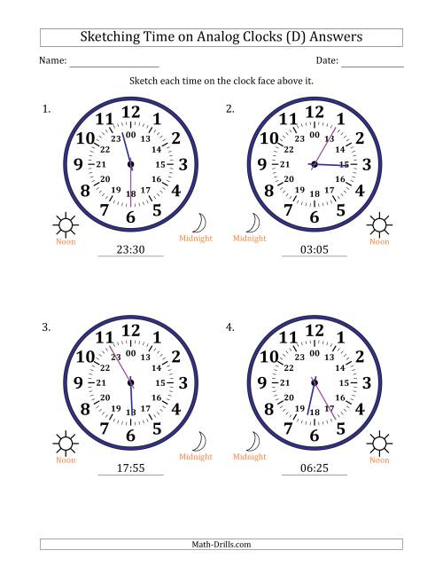 The Sketching 24 Hour Time on Analog Clocks in 5 Minute Intervals (4 Large Clocks) (D) Math Worksheet Page 2
