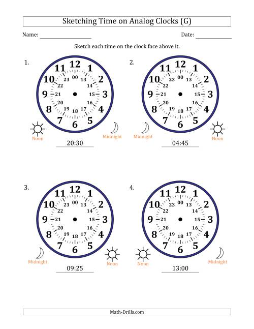 The Sketching 24 Hour Time on Analog Clocks in 5 Minute Intervals (4 Large Clocks) (G) Math Worksheet