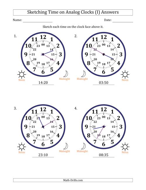 The Sketching 24 Hour Time on Analog Clocks in 5 Minute Intervals (4 Large Clocks) (I) Math Worksheet Page 2