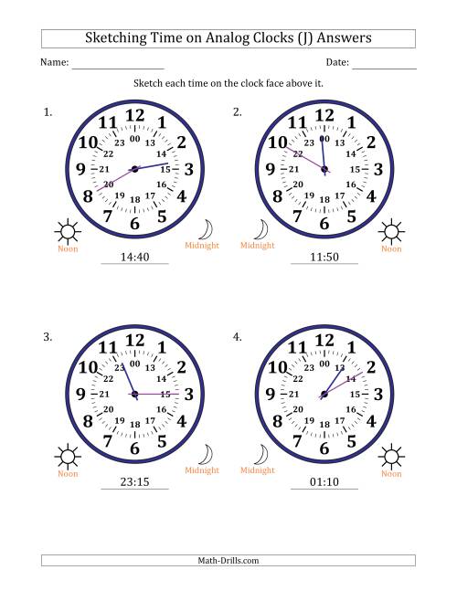 The Sketching 24 Hour Time on Analog Clocks in 5 Minute Intervals (4 Large Clocks) (J) Math Worksheet Page 2