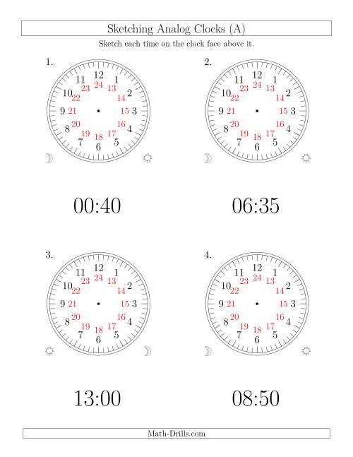 The Sketching Time on 24 Hour Analog Clocks in 5 Minute Intervals (Large Clocks) (Old) Math Worksheet