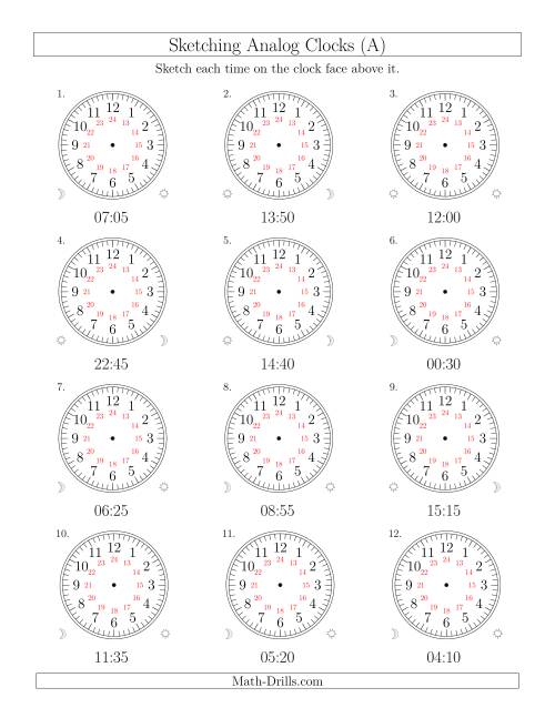 The Sketching Time on 24 Hour Analog Clocks in 5 Minute Intervals (Old) Math Worksheet