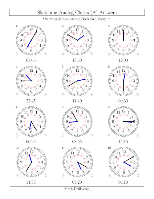The Sketching Time on 24 Hour Analog Clocks in 5 Minute Intervals (Old) Math Worksheet Page 2