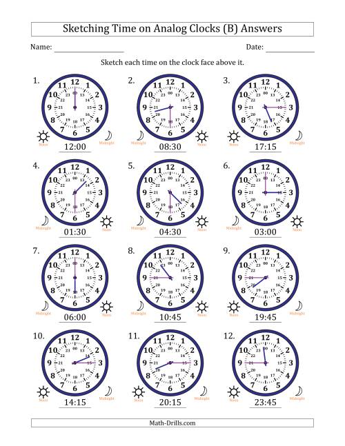 The Sketching 24 Hour Time on Analog Clocks in 15 Minute Intervals (12 Clocks) (B) Math Worksheet Page 2