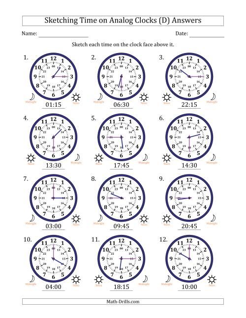 The Sketching 24 Hour Time on Analog Clocks in 15 Minute Intervals (12 Clocks) (D) Math Worksheet Page 2