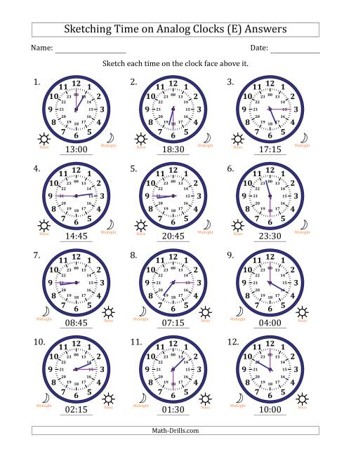The Sketching 24 Hour Time on Analog Clocks in 15 Minute Intervals (12 Clocks) (E) Math Worksheet Page 2