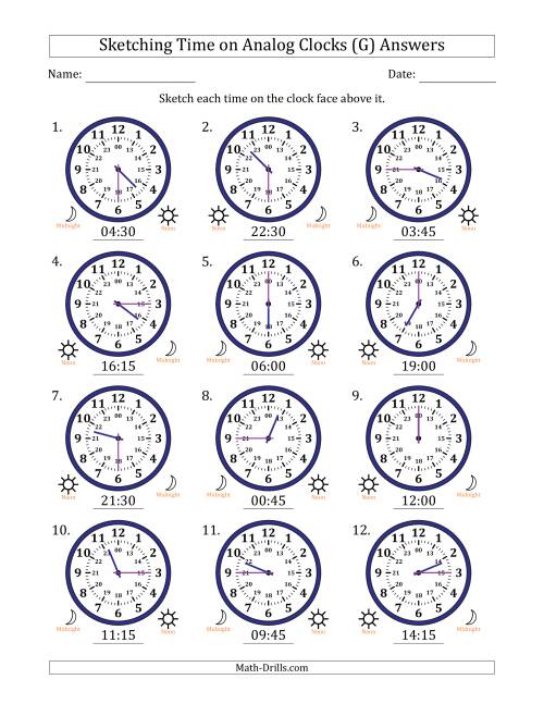 The Sketching 24 Hour Time on Analog Clocks in 15 Minute Intervals (12 Clocks) (G) Math Worksheet Page 2