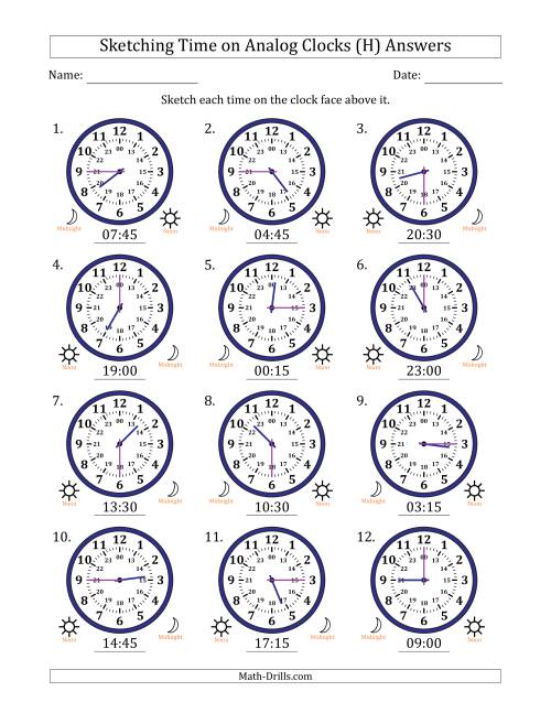 The Sketching 24 Hour Time on Analog Clocks in 15 Minute Intervals (12 Clocks) (H) Math Worksheet Page 2