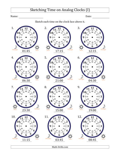 The Sketching 24 Hour Time on Analog Clocks in 15 Minute Intervals (12 Clocks) (I) Math Worksheet