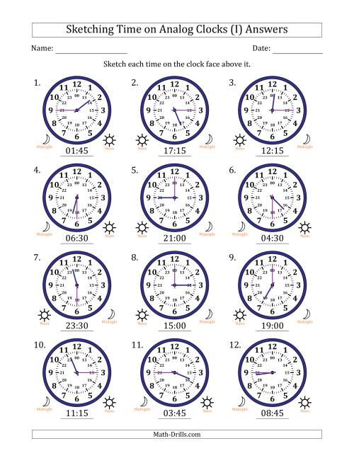 The Sketching 24 Hour Time on Analog Clocks in 15 Minute Intervals (12 Clocks) (I) Math Worksheet Page 2