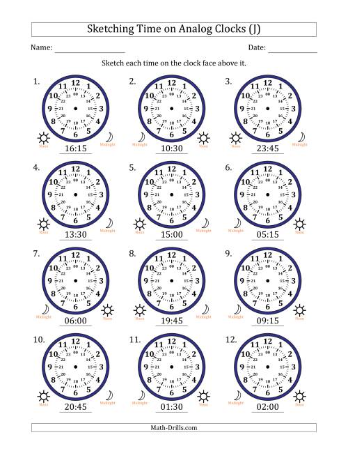 The Sketching 24 Hour Time on Analog Clocks in 15 Minute Intervals (12 Clocks) (J) Math Worksheet