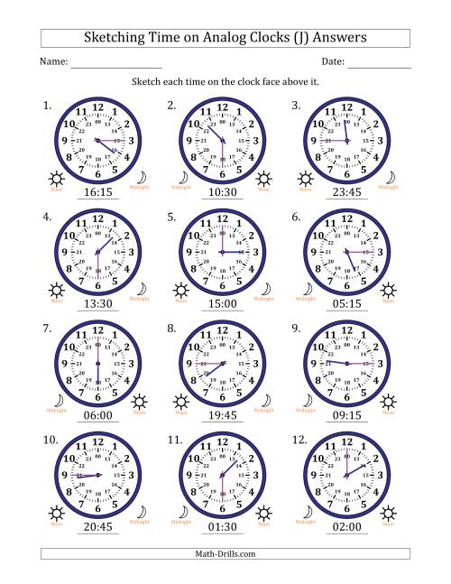 The Sketching 24 Hour Time on Analog Clocks in 15 Minute Intervals (12 Clocks) (J) Math Worksheet Page 2