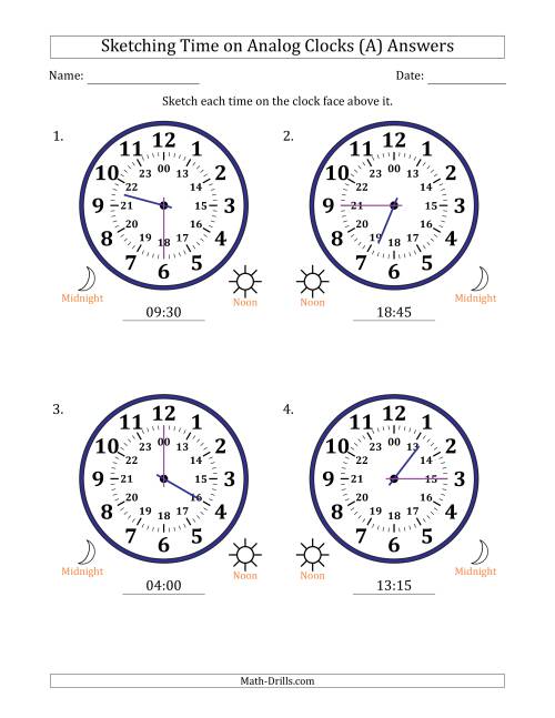 The Sketching 24 Hour Time on Analog Clocks in 15 Minute Intervals (4 Large Clocks) (A) Math Worksheet Page 2
