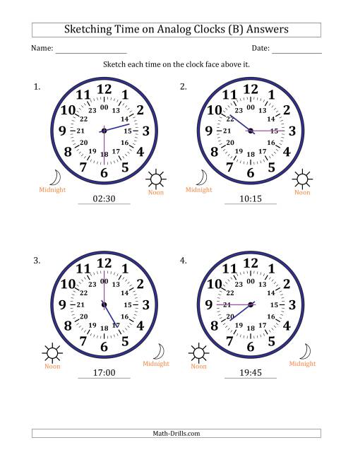 The Sketching 24 Hour Time on Analog Clocks in 15 Minute Intervals (4 Large Clocks) (B) Math Worksheet Page 2