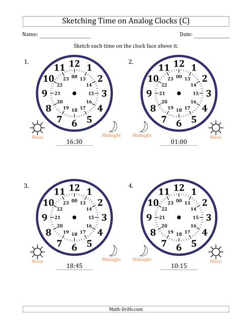 The Sketching 24 Hour Time on Analog Clocks in 15 Minute Intervals (4 Large Clocks) (C) Math Worksheet