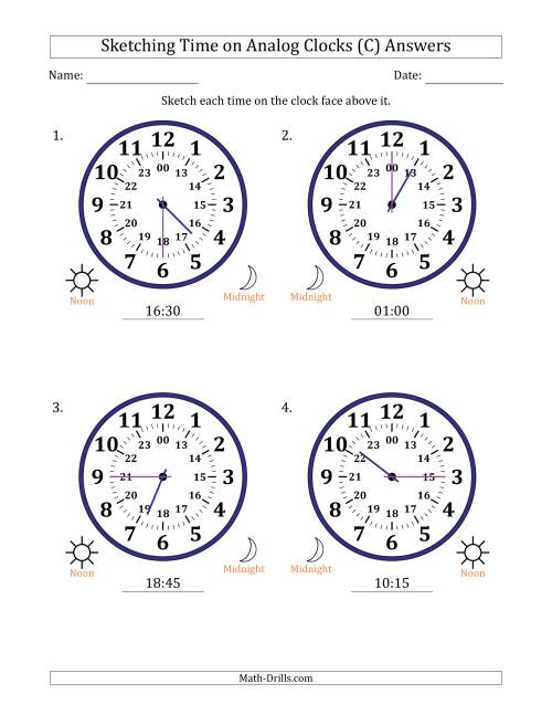 The Sketching 24 Hour Time on Analog Clocks in 15 Minute Intervals (4 Large Clocks) (C) Math Worksheet Page 2