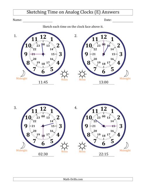 The Sketching 24 Hour Time on Analog Clocks in 15 Minute Intervals (4 Large Clocks) (E) Math Worksheet Page 2