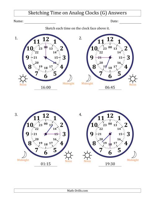 The Sketching 24 Hour Time on Analog Clocks in 15 Minute Intervals (4 Large Clocks) (G) Math Worksheet Page 2