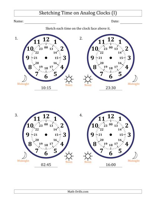 The Sketching 24 Hour Time on Analog Clocks in 15 Minute Intervals (4 Large Clocks) (I) Math Worksheet